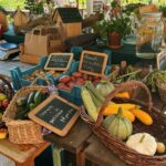 A table with baskets of fruit and vegetables on it